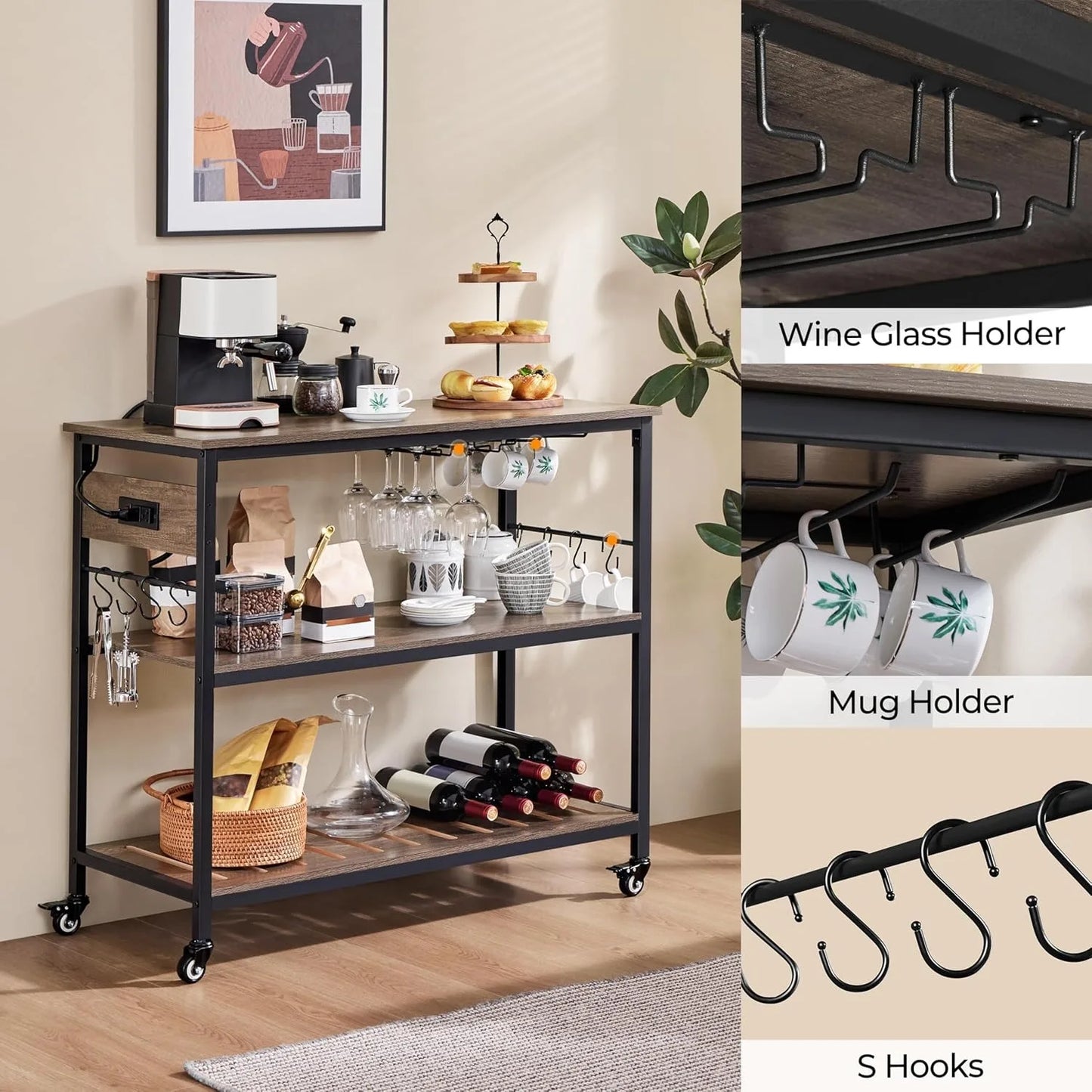 Versatile Kitchen Island Cart with Power Outlet and Hooks