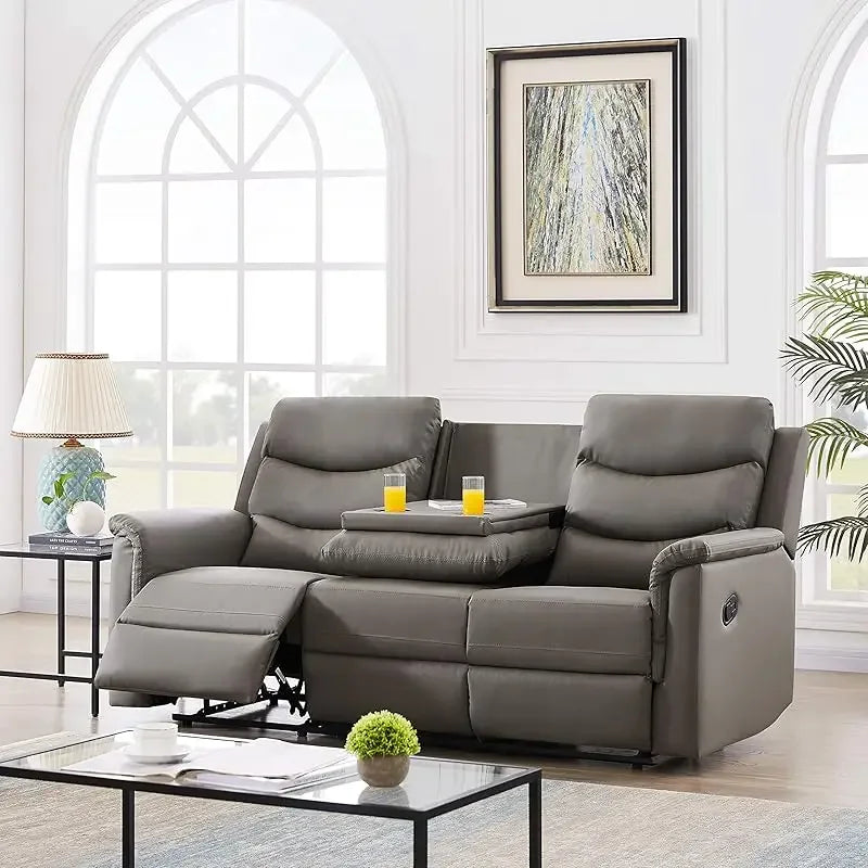 Comfy Scandinavian Leather Sofa Set with Recliners and Cup Holders