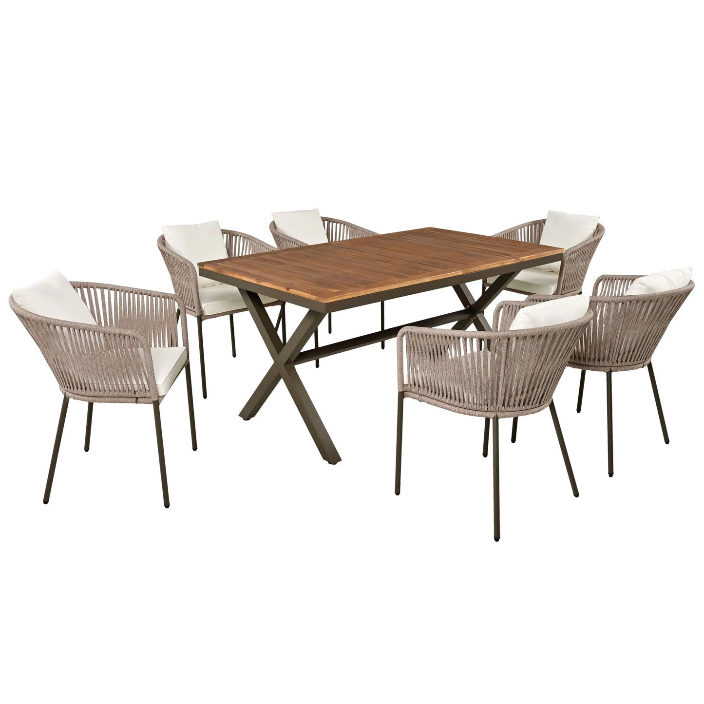 7 Pieces Patio Dining Set All Weather Outdoor Furniture Set with Acacia Wood Tabletop and Metal Frame