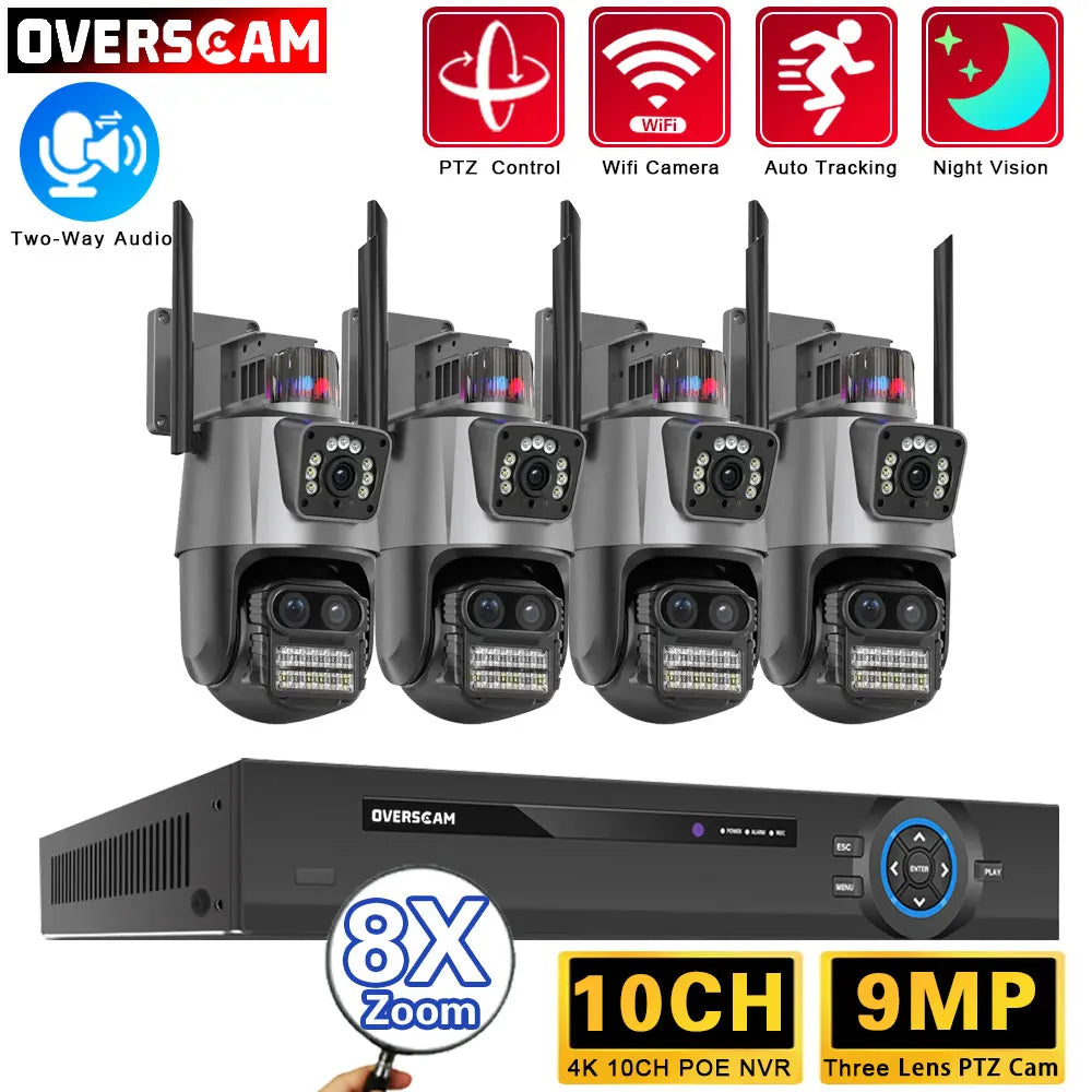 9MP Three Lens 8X Zoom WiFi PTZ XMEYE 10CH POE NVR Surveillance System with Two Way Audio CCTV Security Camera Video Surveillance Kit