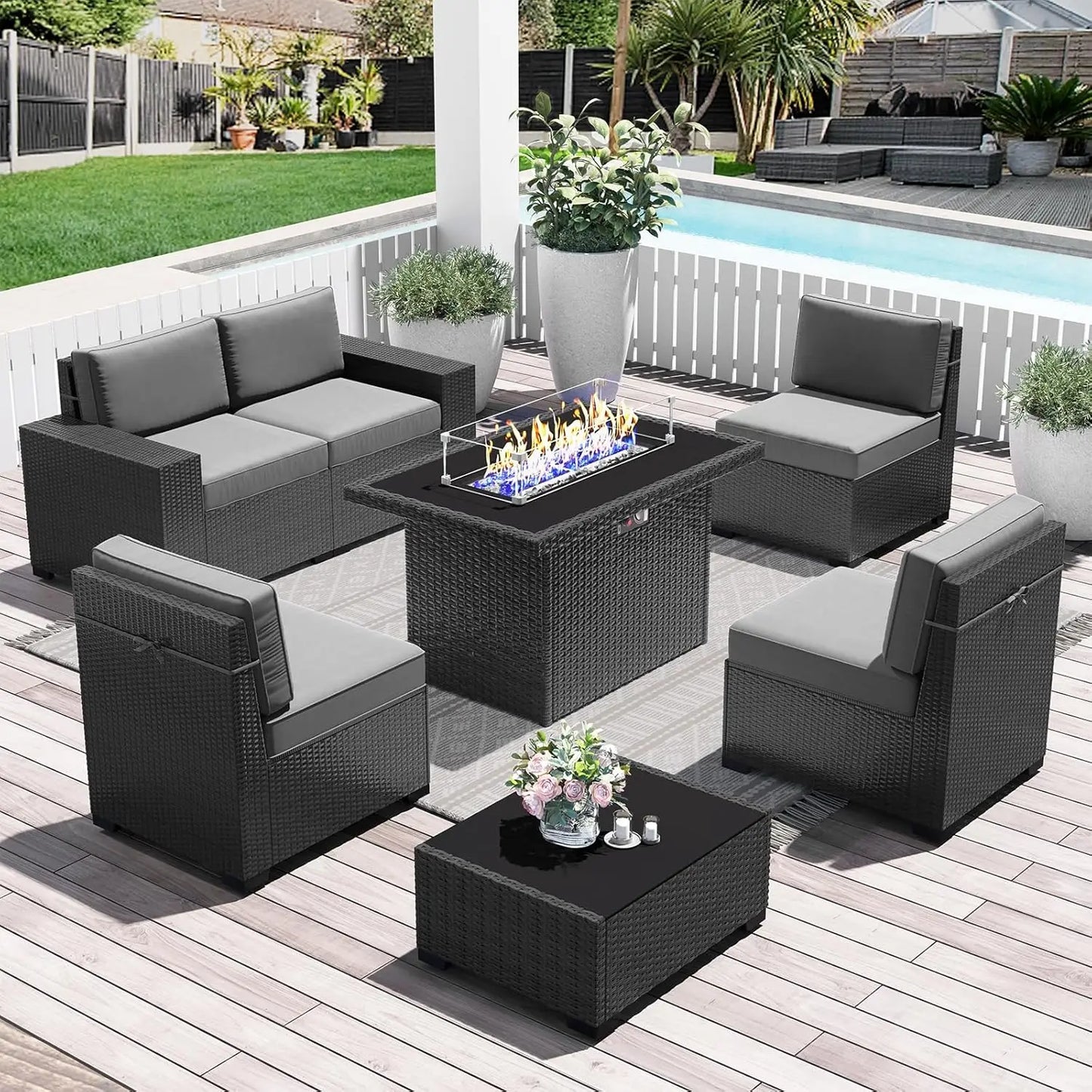 Outdoor Wicker Rattan Conversation Set With Fire Pit Table 15 Piece Patio Furniture Set
