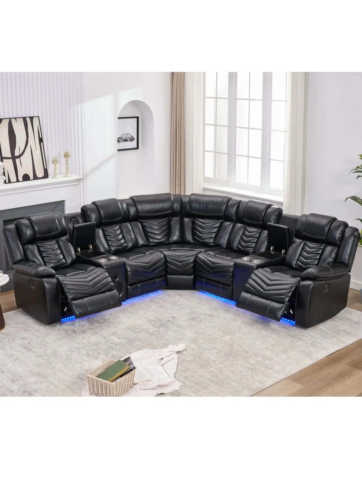Todrani Power Recliner Sectional Sofa Bass Speakers Led