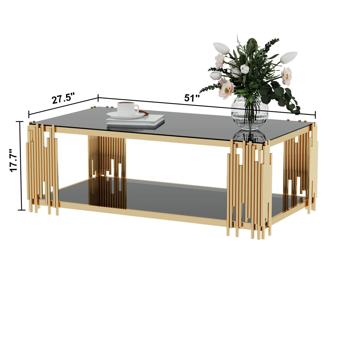 Stainless Steel Rectangle Coffee Table with Black Tempered Glass 51.18 Inch Modern Center Table Gold Legs for Living Room