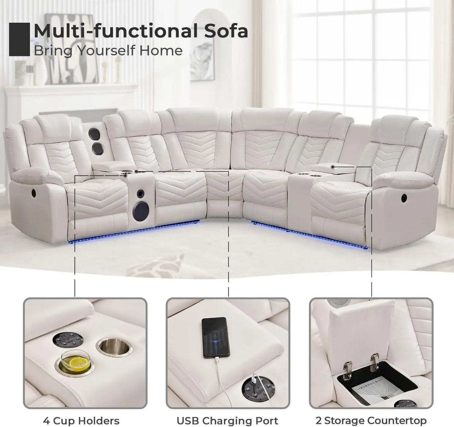 Todrani Power Recliner Sectional Sofa Bass Speakers Led