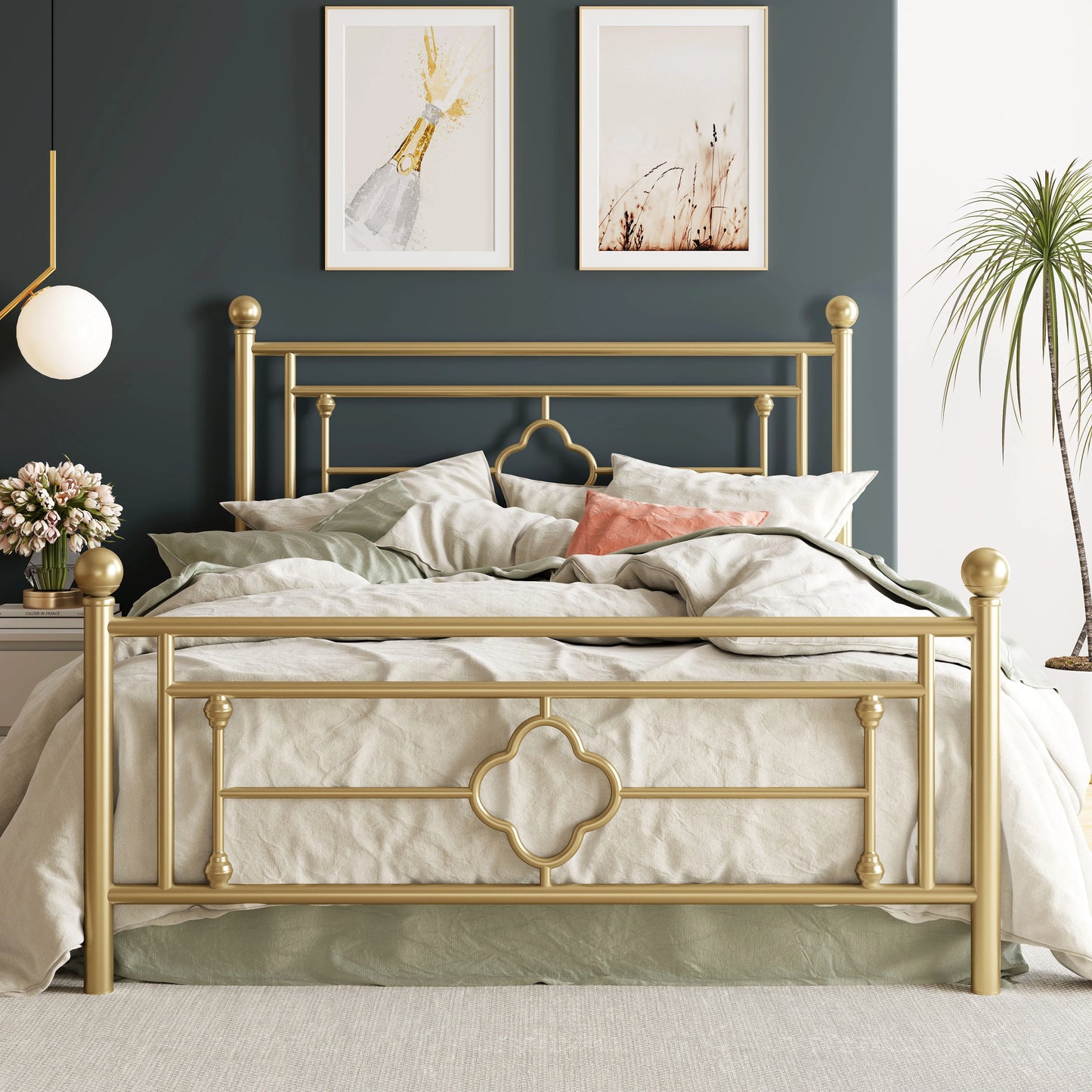 Hoomic Victorian Wrought Iron Headboard Platform Bed Frame