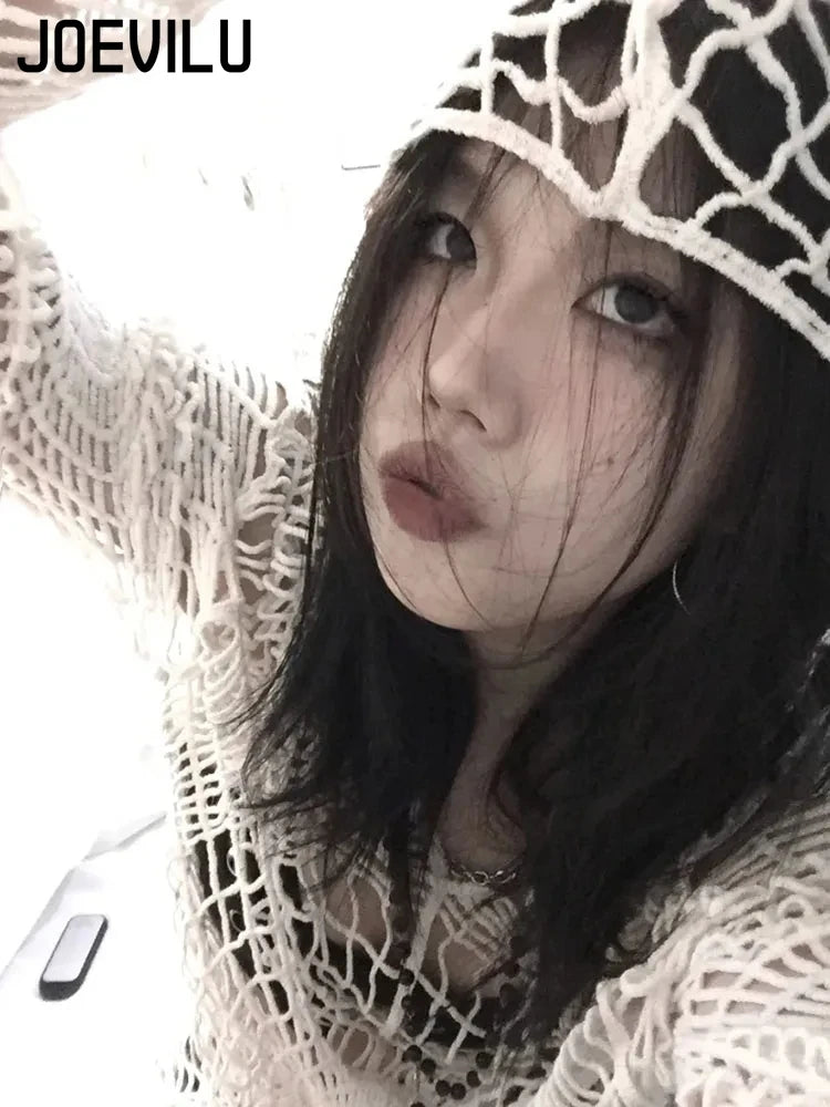JOEVILU Hollow Knit Hooded Top Spider Web Gothic Sweater