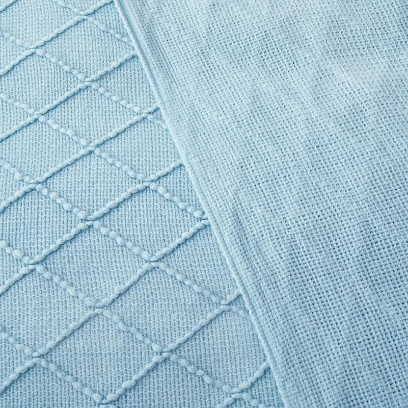 Nordic Textured Knitted Blanket Blue Throw Blanket with Tassels for Sofa and Bed Decor