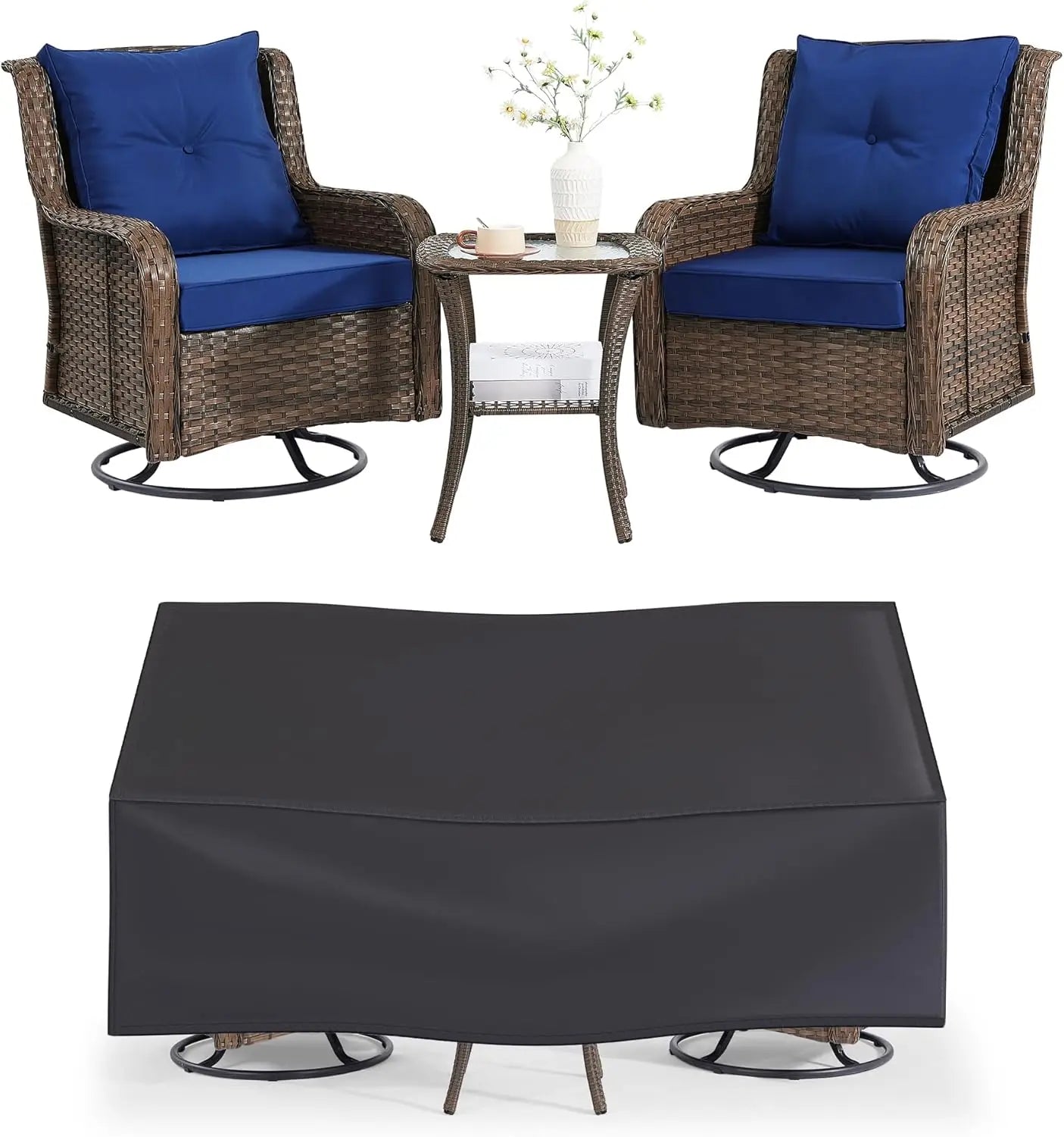 HUANZHUANG Patio 3 Piece Wicker Set With Swivel Chairs