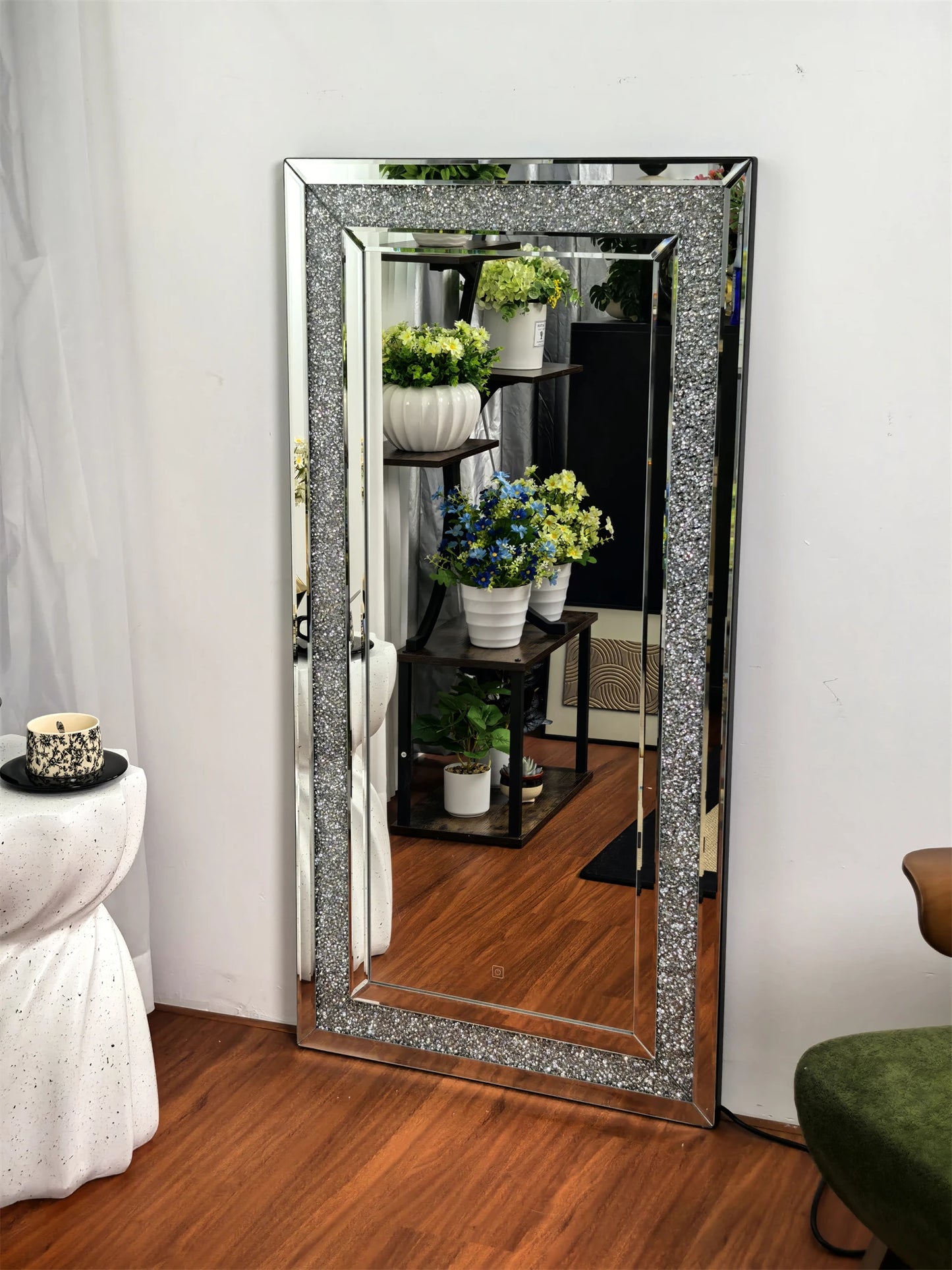 120x60cm LED Full Length Mirror with 7 Colors RGB Lights and Crushed Diamond Design for Living Room and Bedroom