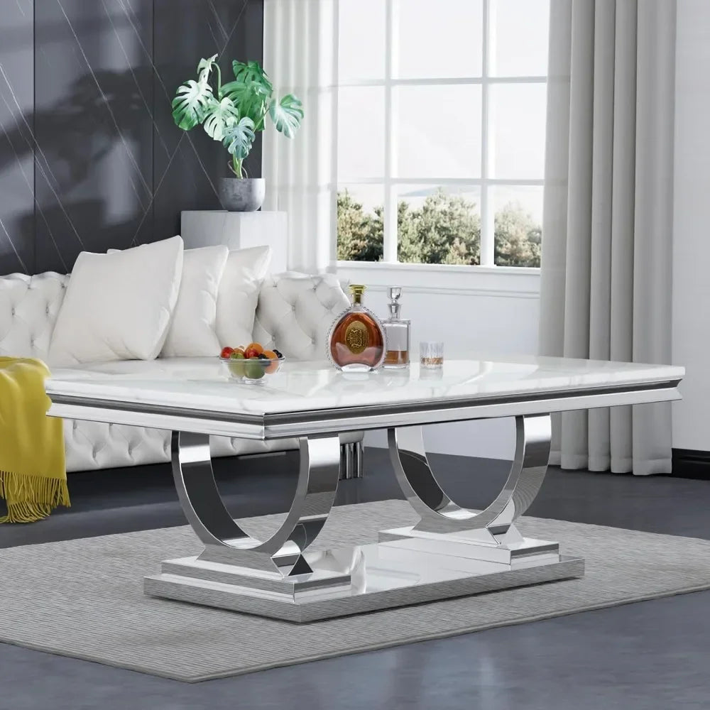 47 Inch Rectangular Coffee Table Modern White Faux Marble Cocktail Table with Silver Mirrored Finish U Shape Stainless Steel Base
