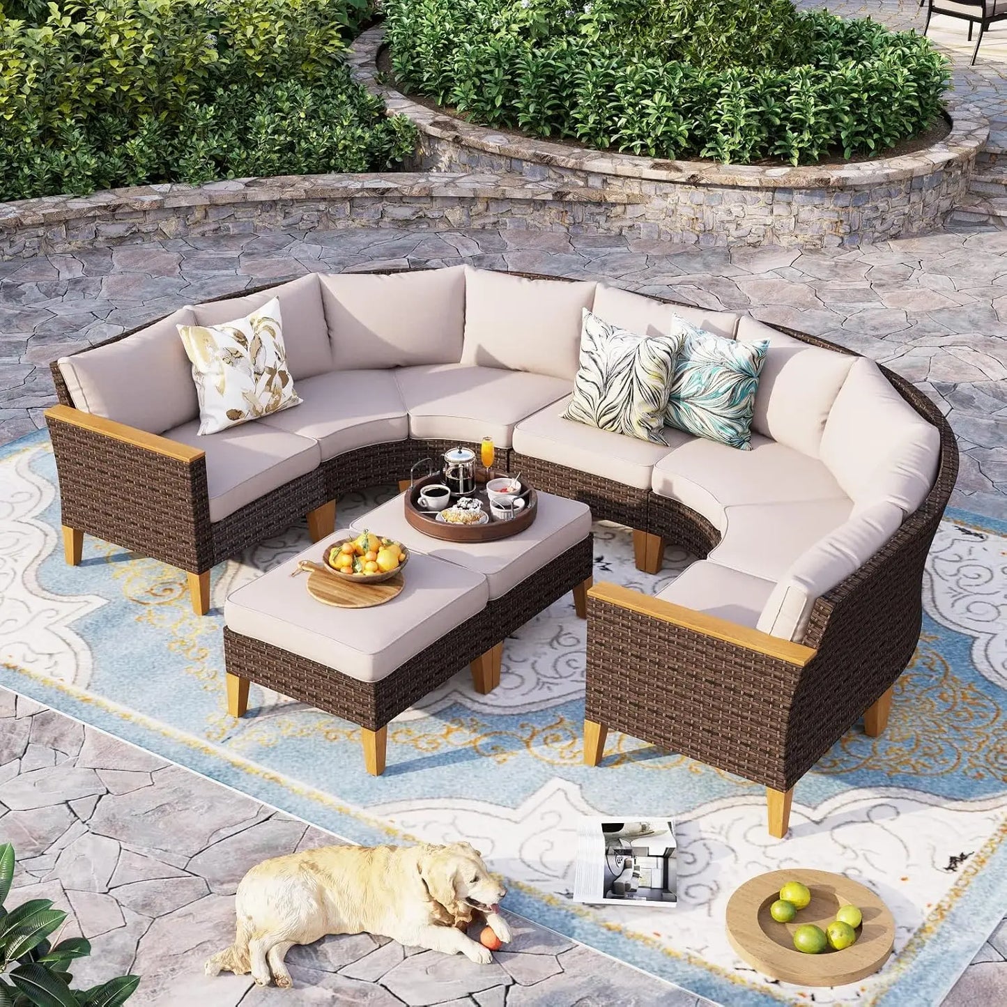 12 Piece Curved Outdoor Sectional Sofa Set Rattan Patio Conversation Set Beige