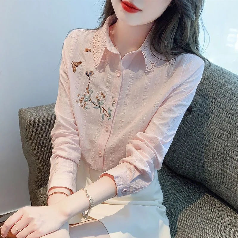 Guangdong Embroidered Womens Blouses Long Sleeve Collar