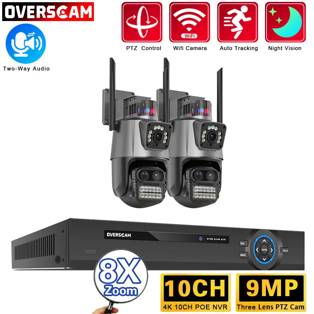 9MP Three Lens 8X Zoom WiFi PTZ XMEYE 10CH POE NVR Surveillance System with Two Way Audio CCTV Security Camera Video Surveillance Kit