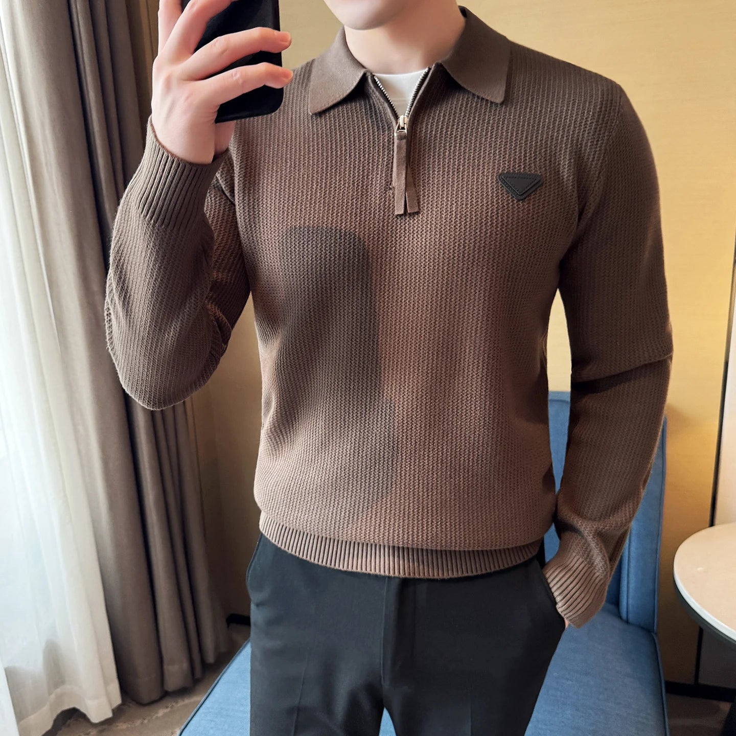 QUHNBGYCN Mens Half Zip Lapel Knit Sweater Slim Fit Pullover