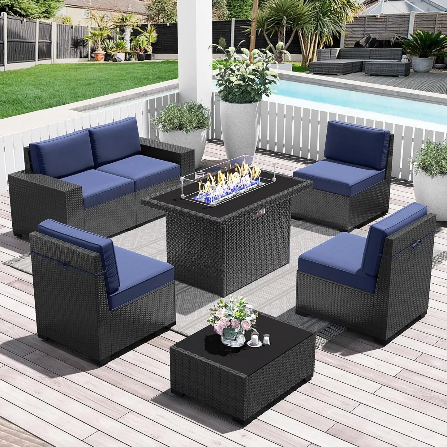 Outdoor Wicker Rattan Conversation Set With Fire Pit Table 15 Piece Patio Furniture Set