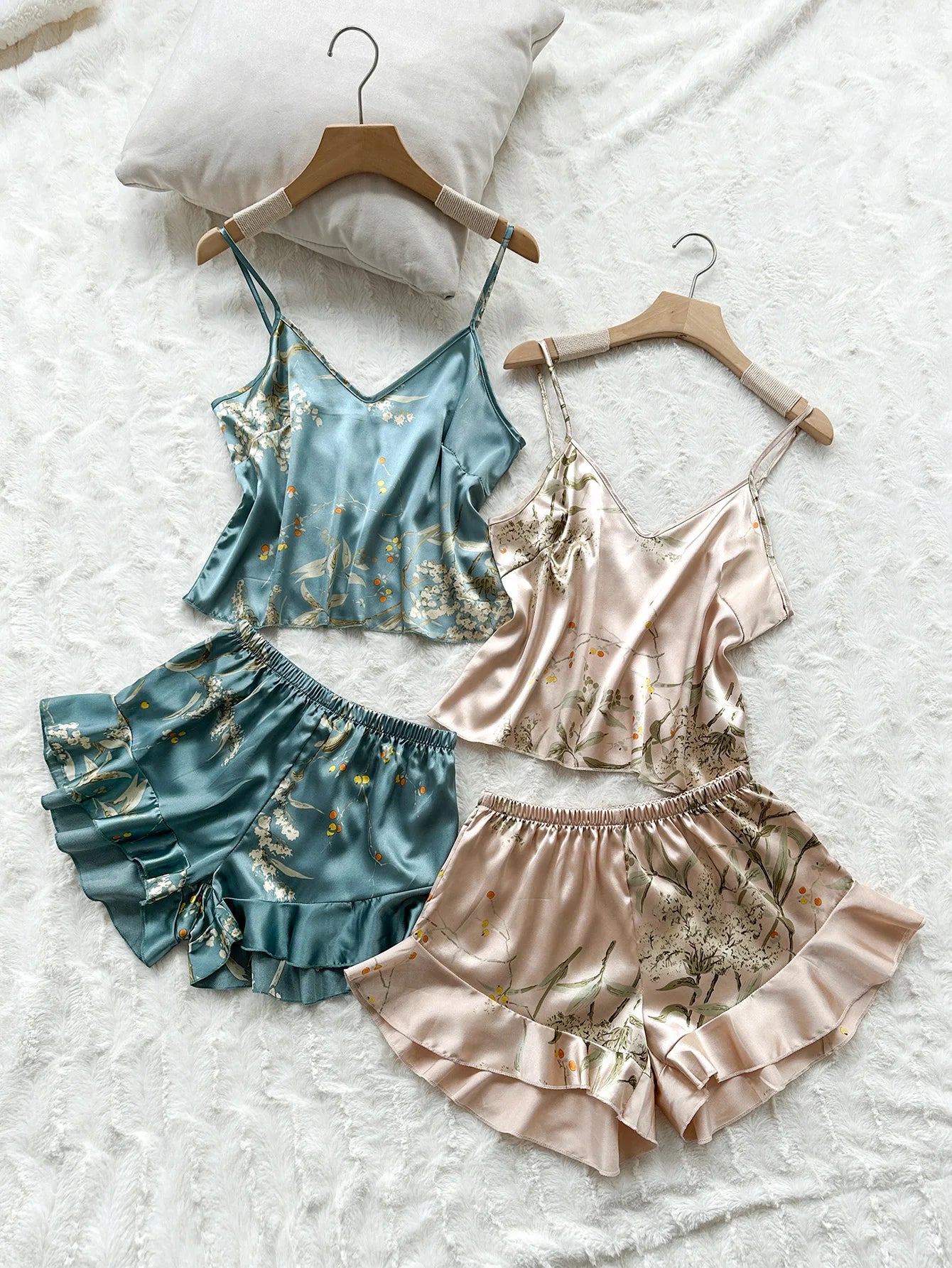 ZhejiangChoice Cherry Print Satin Pajama Set V Neck Halter