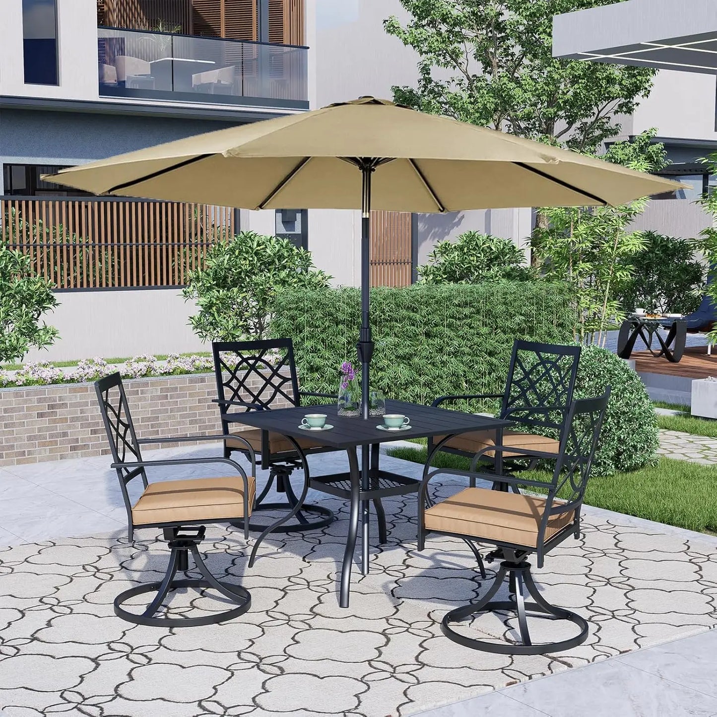 Modern 5 Piece Metal Outdoor Patio Dining Set With Umbrella