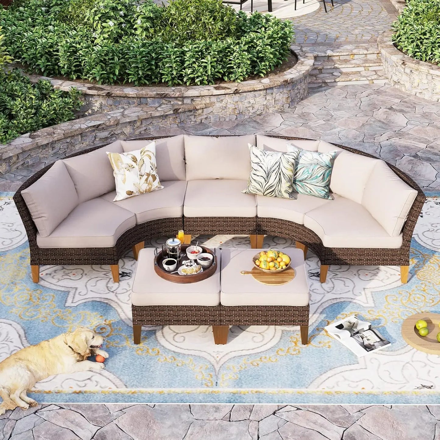 12 Piece Curved Outdoor Sectional Sofa Set Rattan Patio Conversation Set Beige
