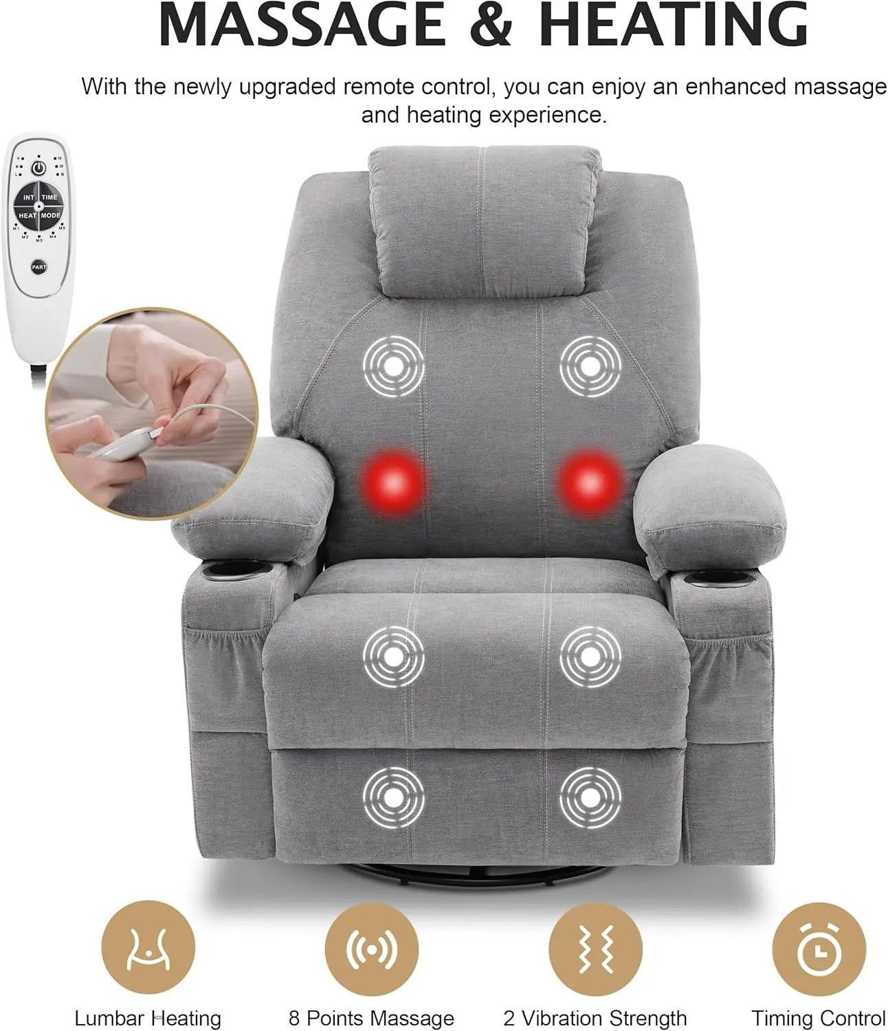 XMSJ Swivel Rocker Recliner Chair With Heat And Massage USB