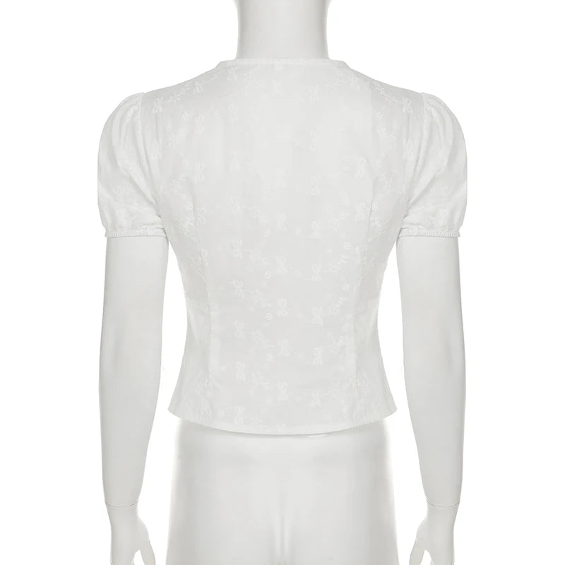 Darlingaga Y2K Bow Textured Waist Cinching Puff Sleeve Shirt