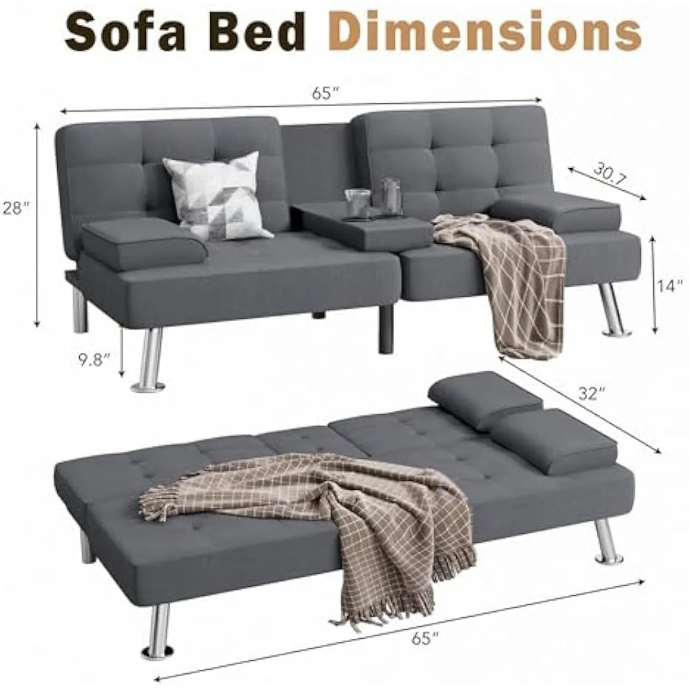 Convertible Sofa Bed with Removable Armrests and Cup Holders