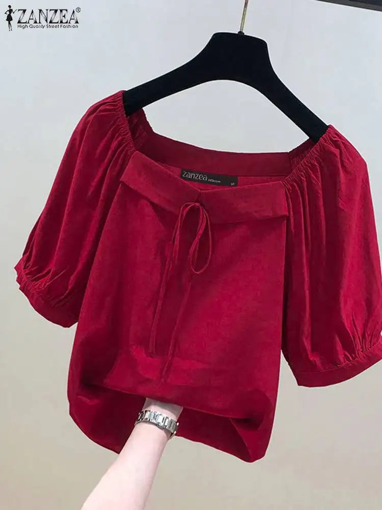 ZANZEA Korean Style Square Collar Lace-Up Blouse
