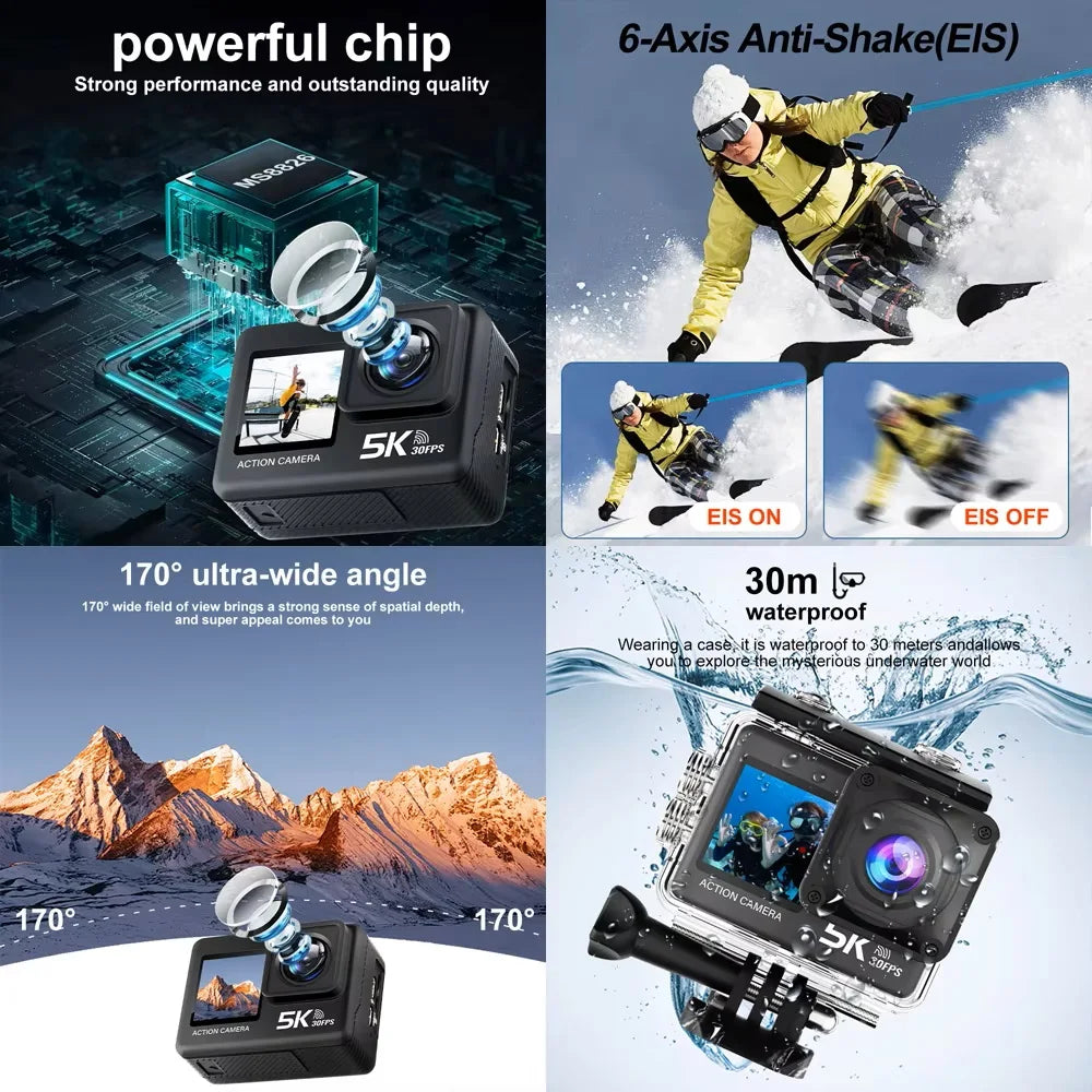 5K Action Camera with Dual Screen and Waterproof Design