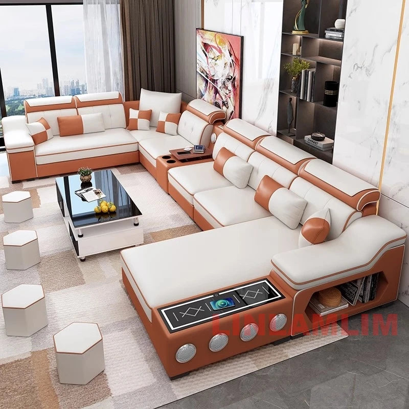 Modern Sectional Sofa Set with Bluetooth Speakers and USB Ports