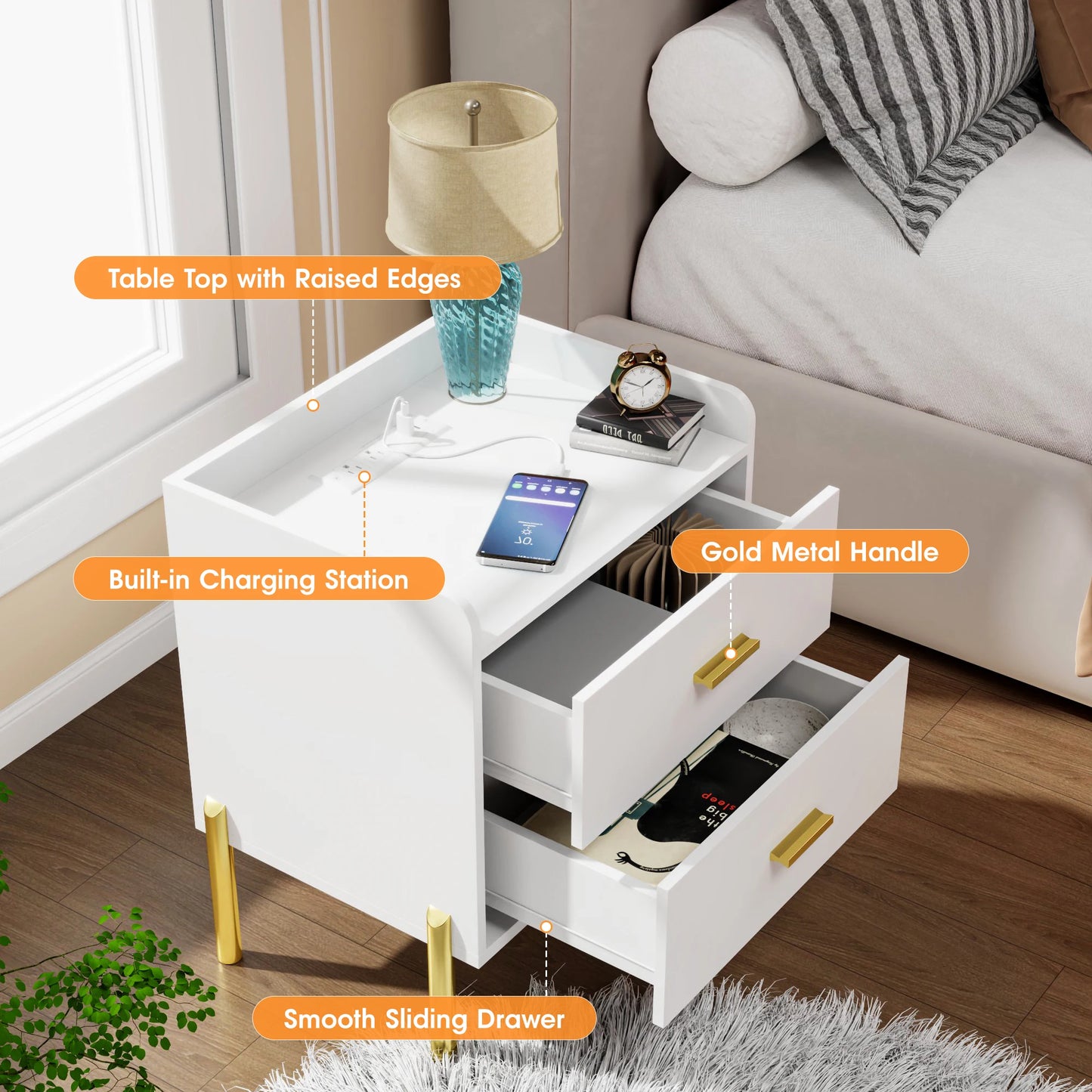 Vabches Nightstand Set Of 2 With Charging Station Drawers