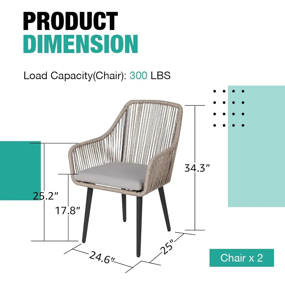 Modern Outdoor Dining Chairs Set of Two Woven Rope Rattan