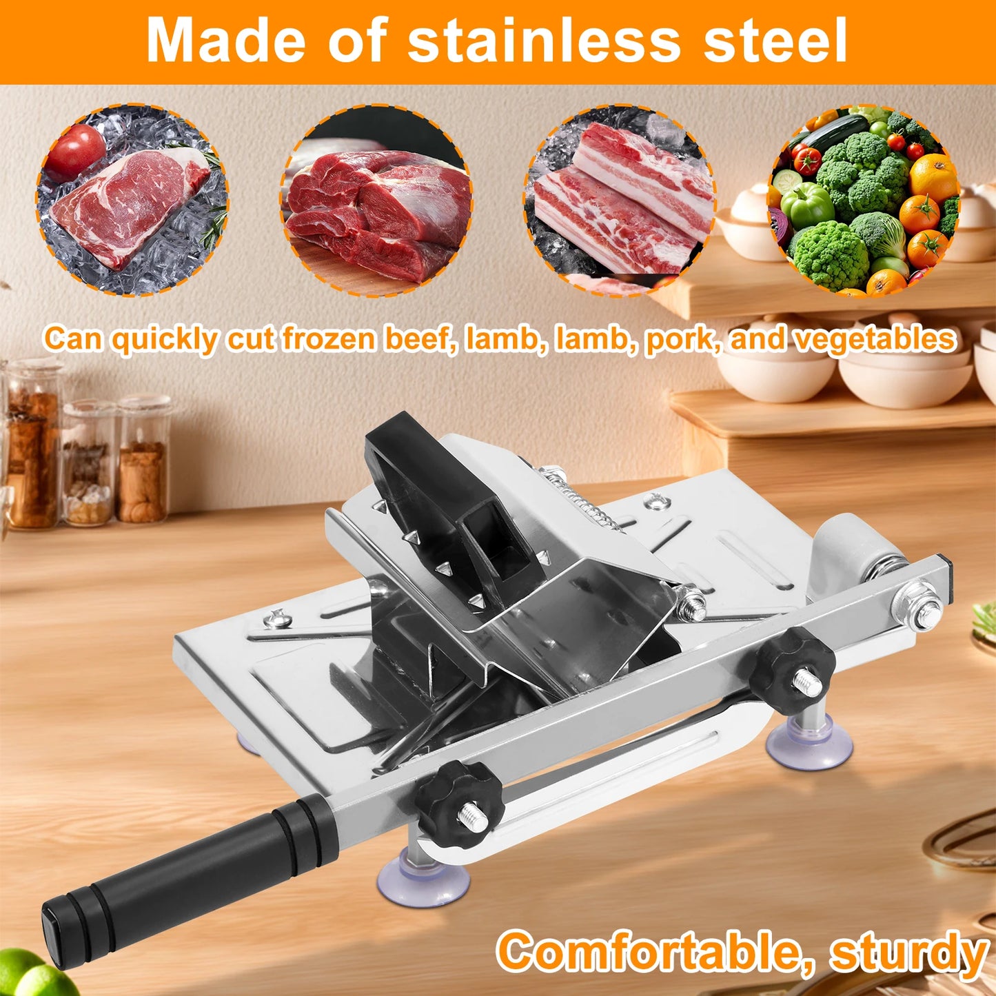 Stainless Steel Meat Slicer with Adjustable Thickness and Suction Cups