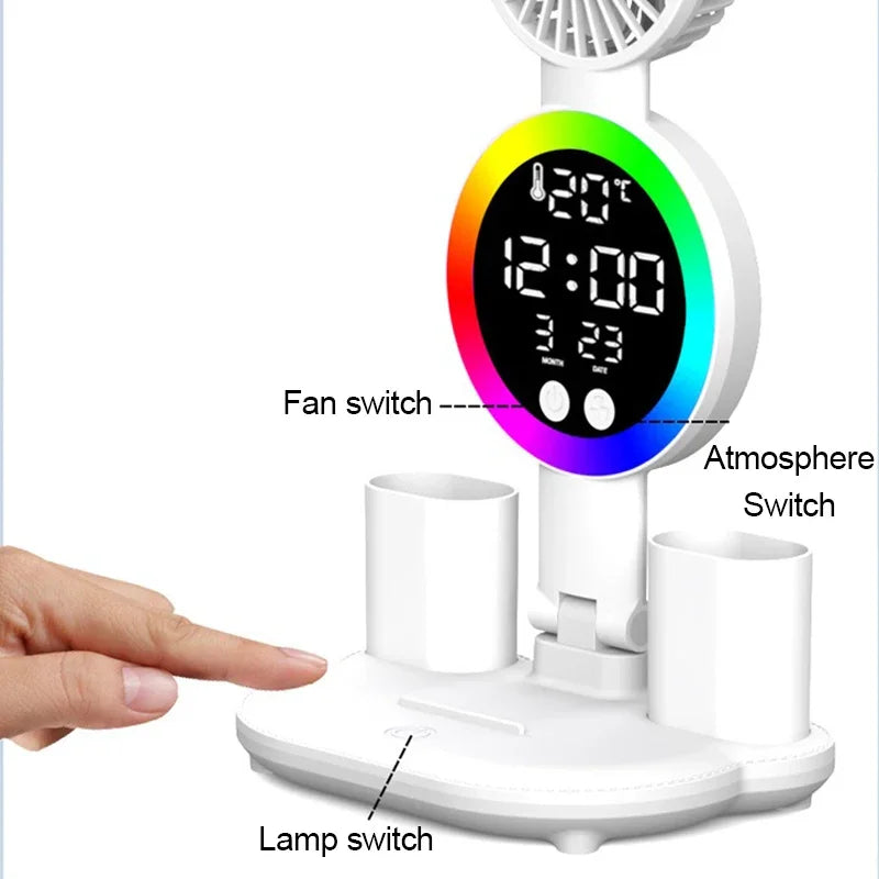 Rechargeable LED Table Lamp with Clock and Fan Features