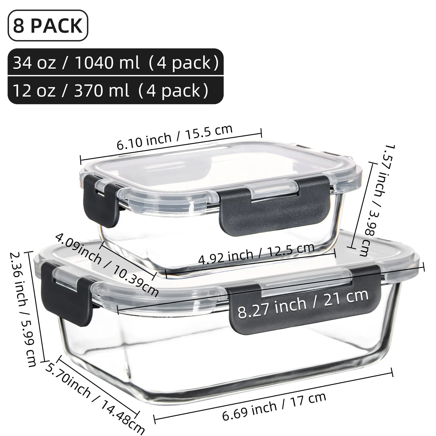8 Piece Glass Food Storage Containers Set BPA Free Leakproof Microwave and Oven Safe Borosilicate Glass Lock Lid