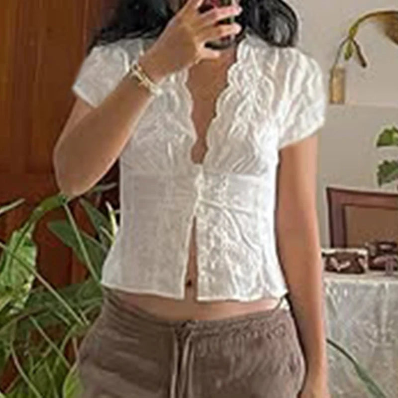 Darlingaga Y2K Bow Textured Waist Cinching Puff Sleeve Shirt