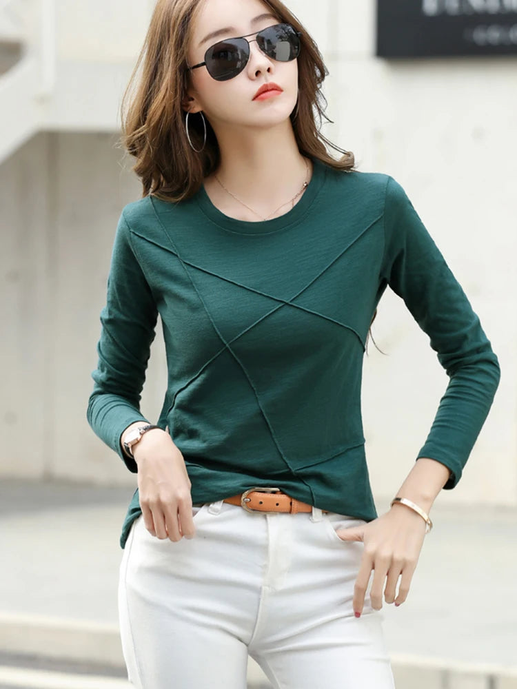Elegant Loose Bamboo Cotton Long Sleeve Women T-Shirt