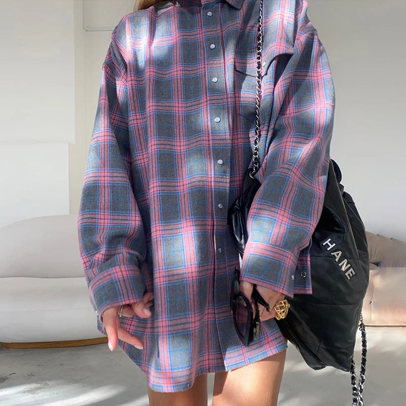 FSMGCN Versatile Plaid Shirt For Women Oversized Blouse