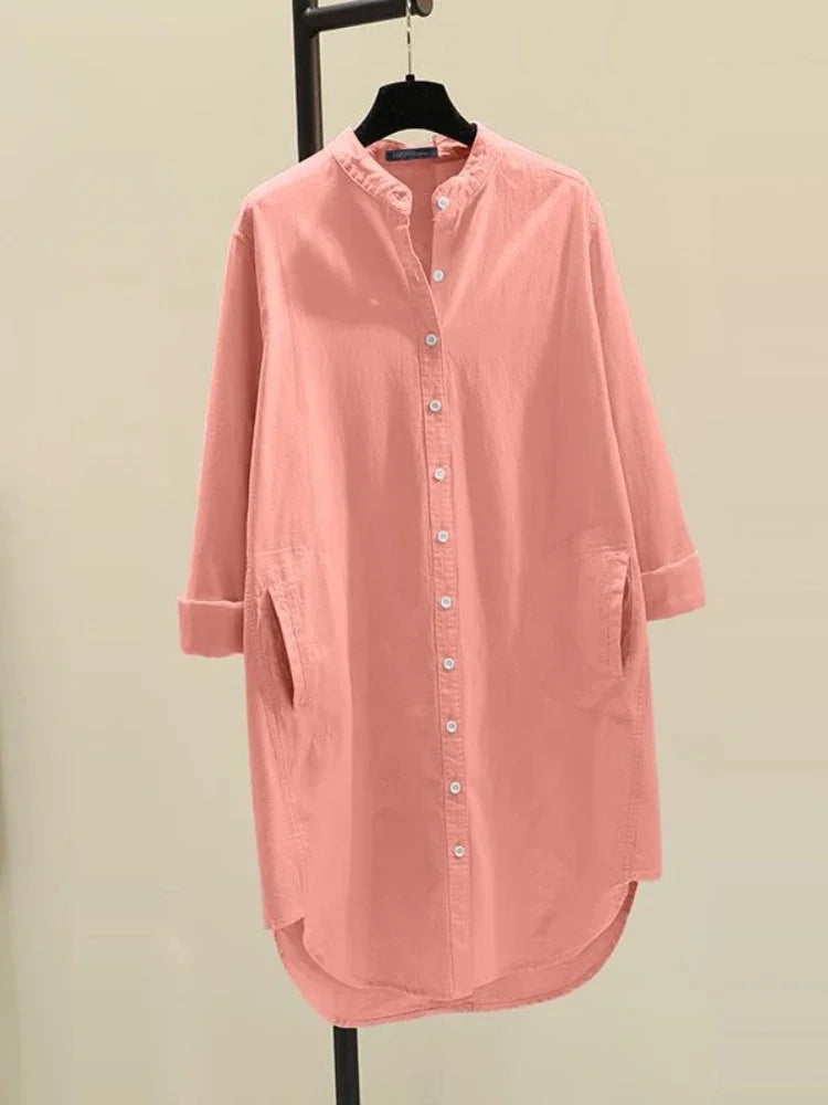 GPBDCN Cotton Linen Womens Shirt Single Breasted Round Neck