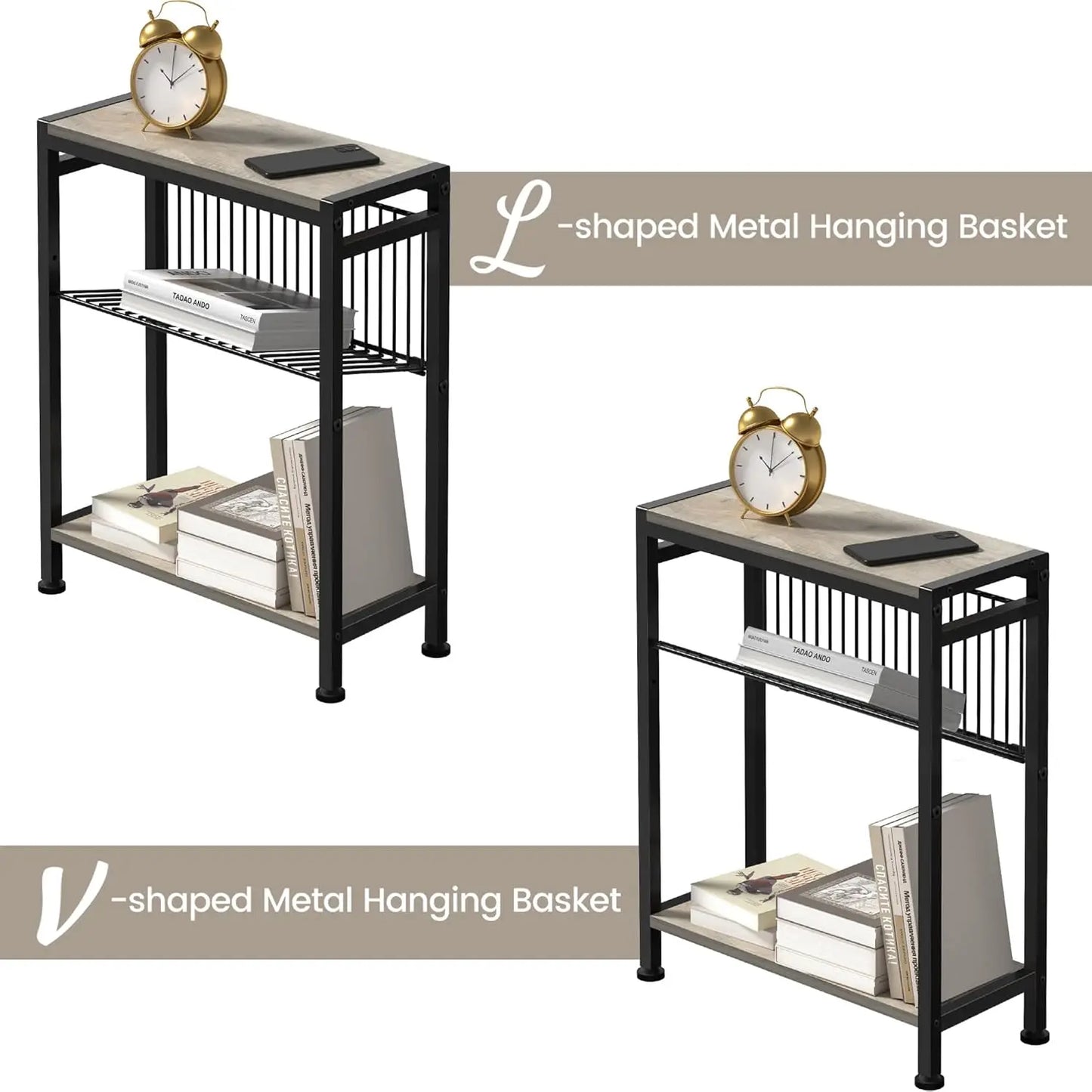 Small Side Table for Small Space 3 Tier Narrow End Table with Magazine Holder Slim Nightstand and Couch Table
