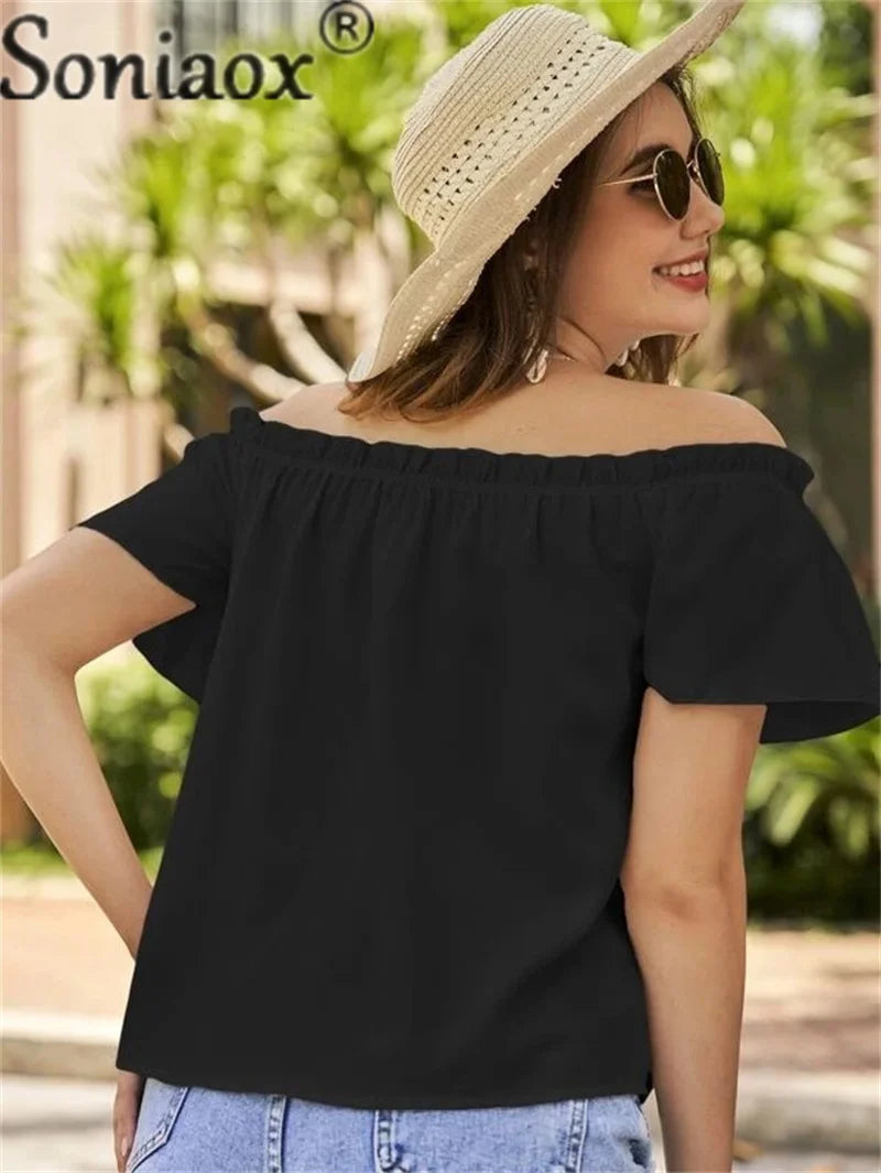 Soniaox Off Shoulder Pleated Shirt With Short Sleeves Summer