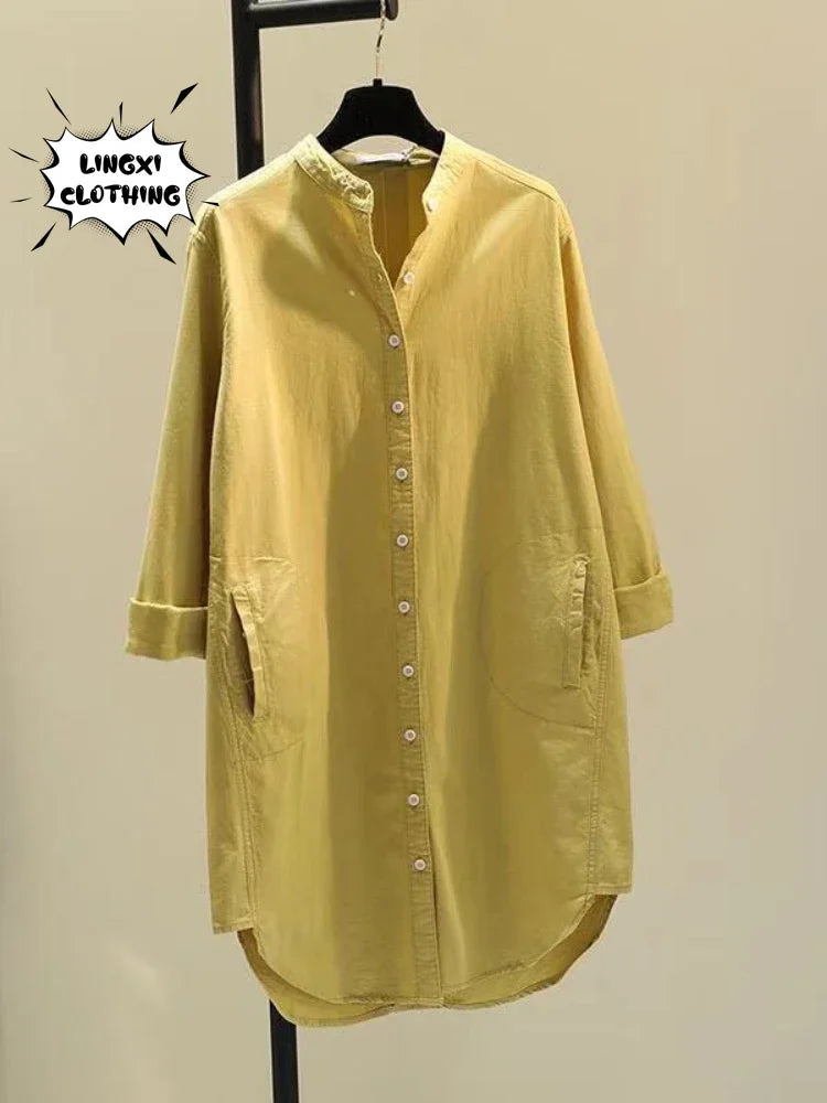 GPBDCN Cotton Linen Womens Shirt Single Breasted Round Neck