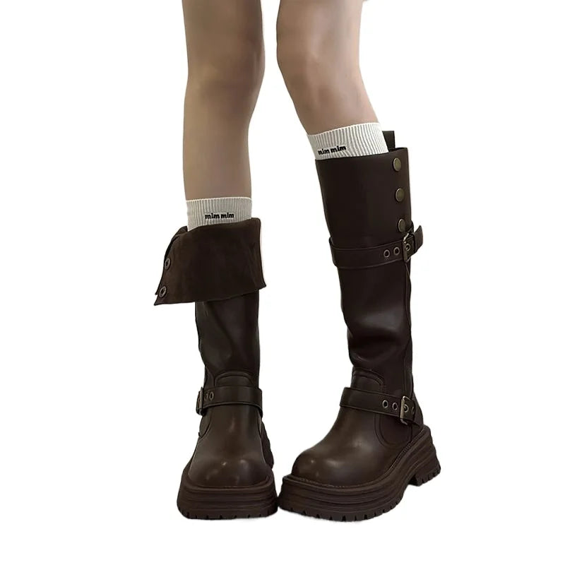 YBQJOO Vintage Square Toe Low Heel Knee High Boots Platform