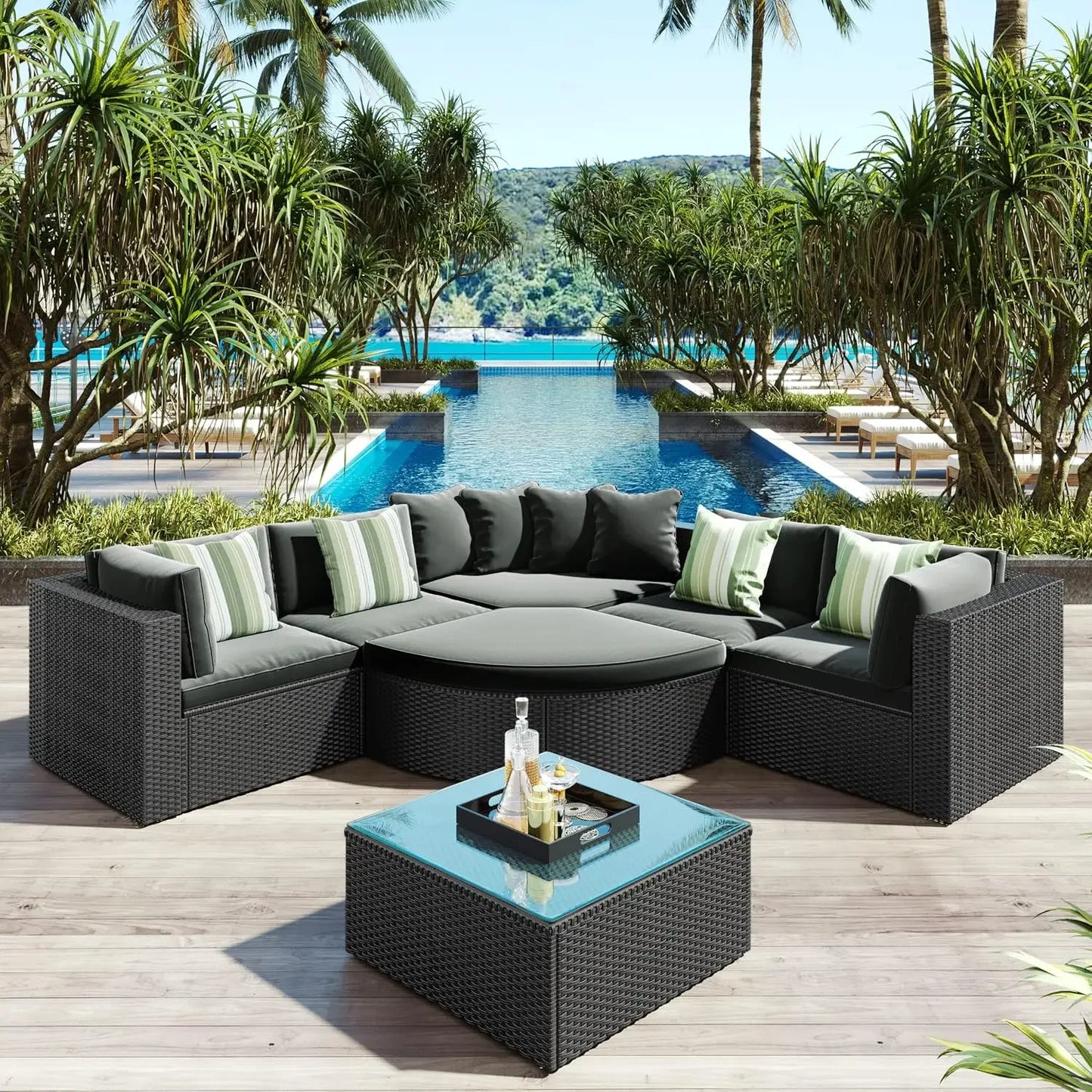 Cushioned Half Moon Rattan Sofa Set for Outdoor Relaxation