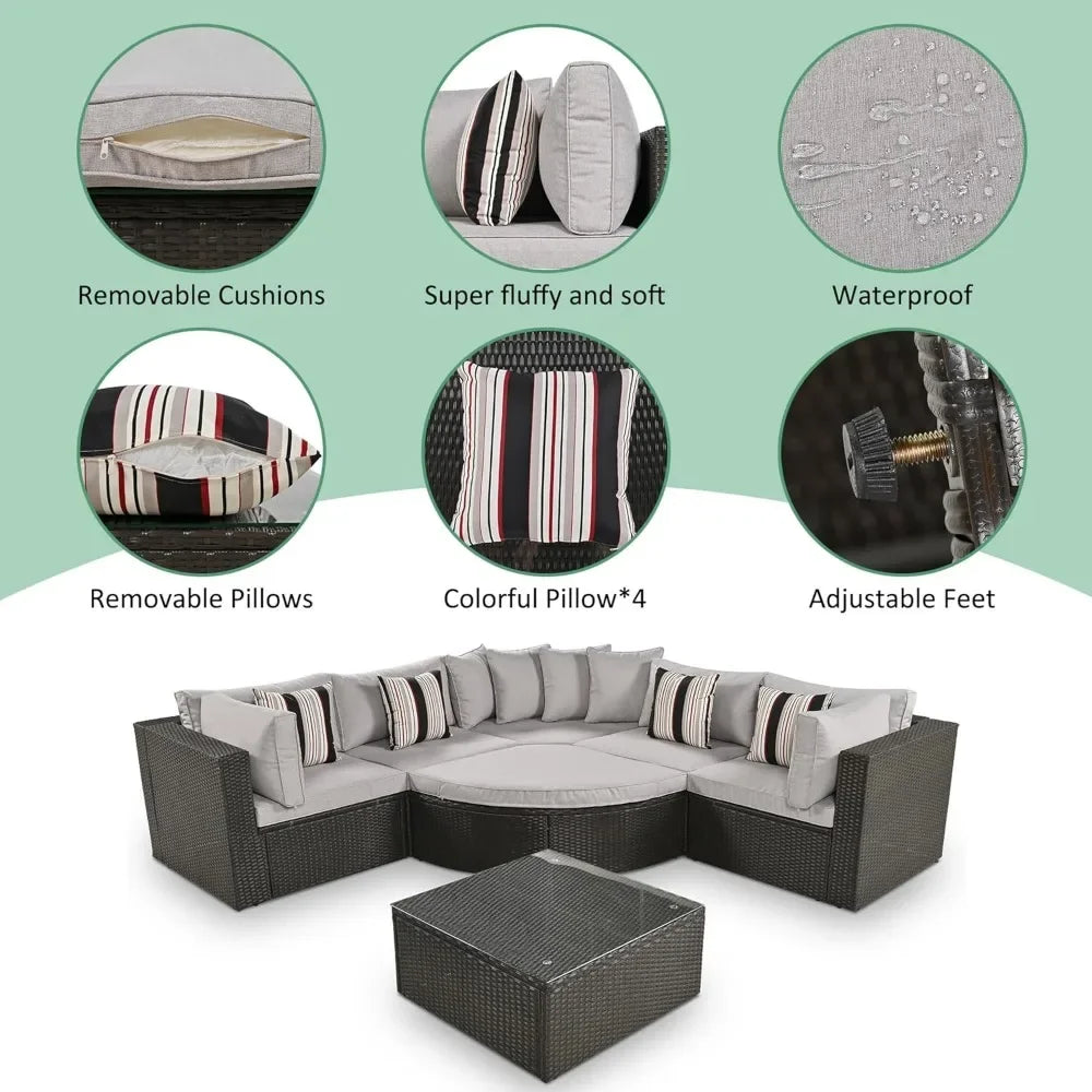 Cushioned Half Moon Rattan Sofa Set for Outdoor Relaxation