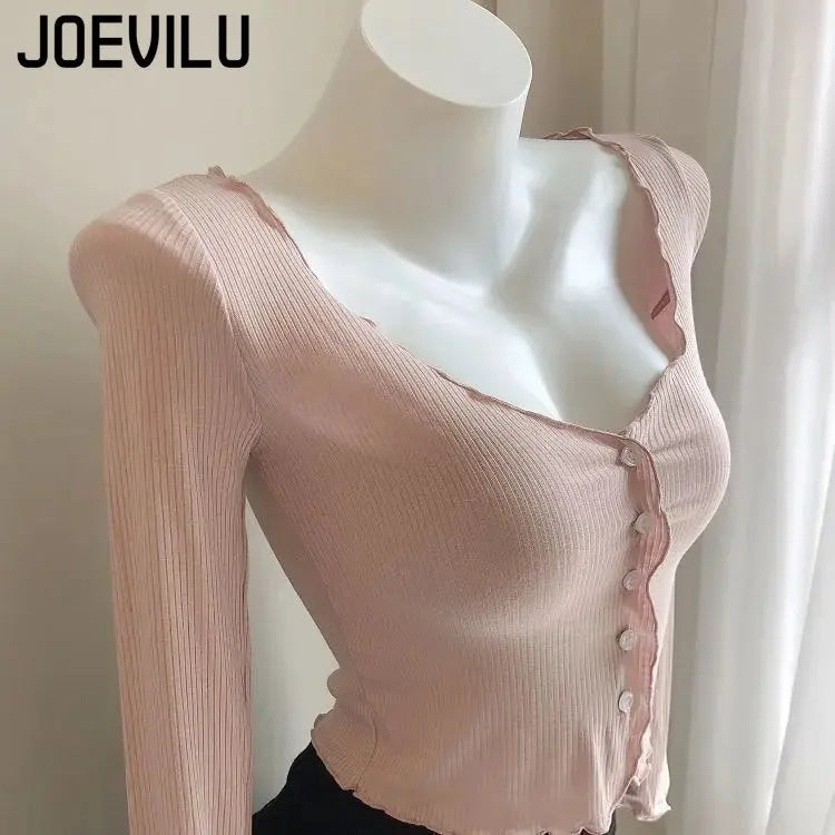 JOEVILUCN Slim Knit Shirt Crop Top Cardigan V Neck Ladies