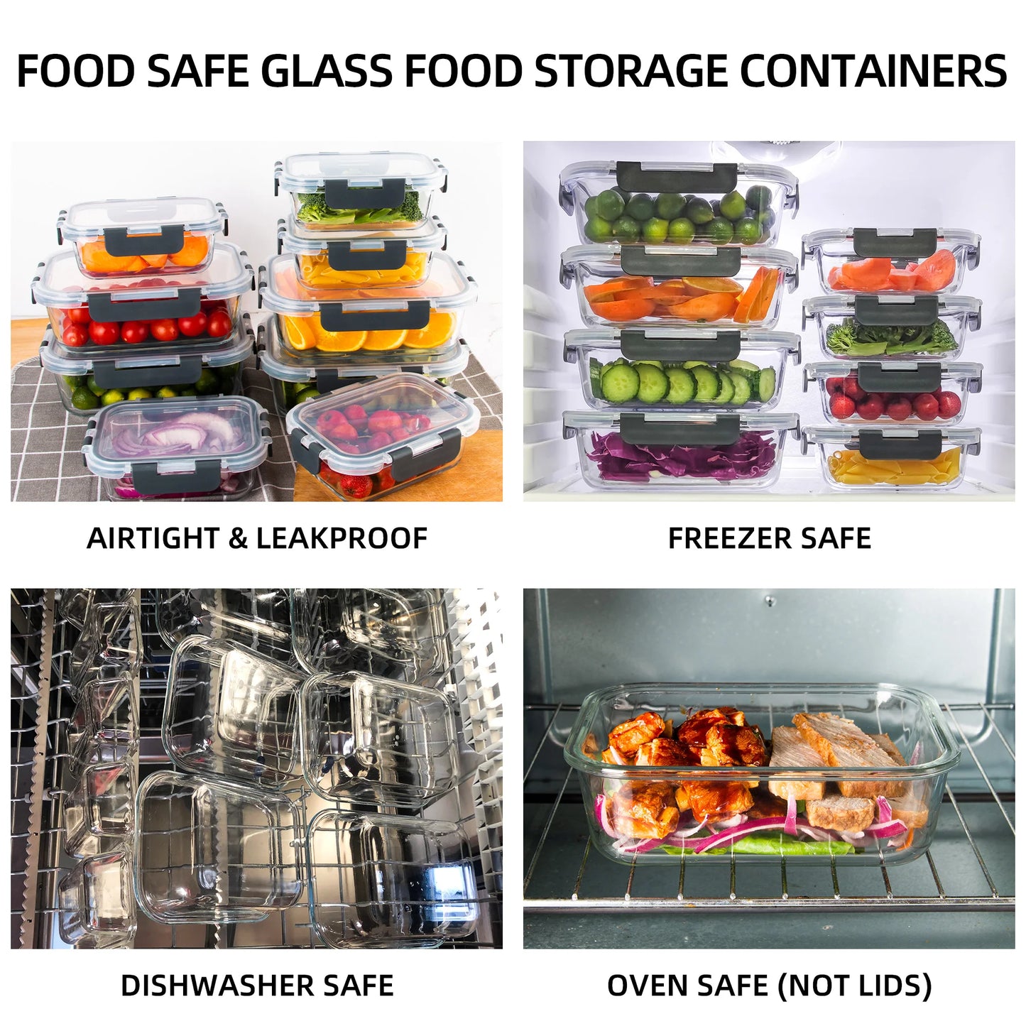 8 Piece Glass Food Storage Containers Set BPA Free Leakproof Microwave and Oven Safe Borosilicate Glass Lock Lid