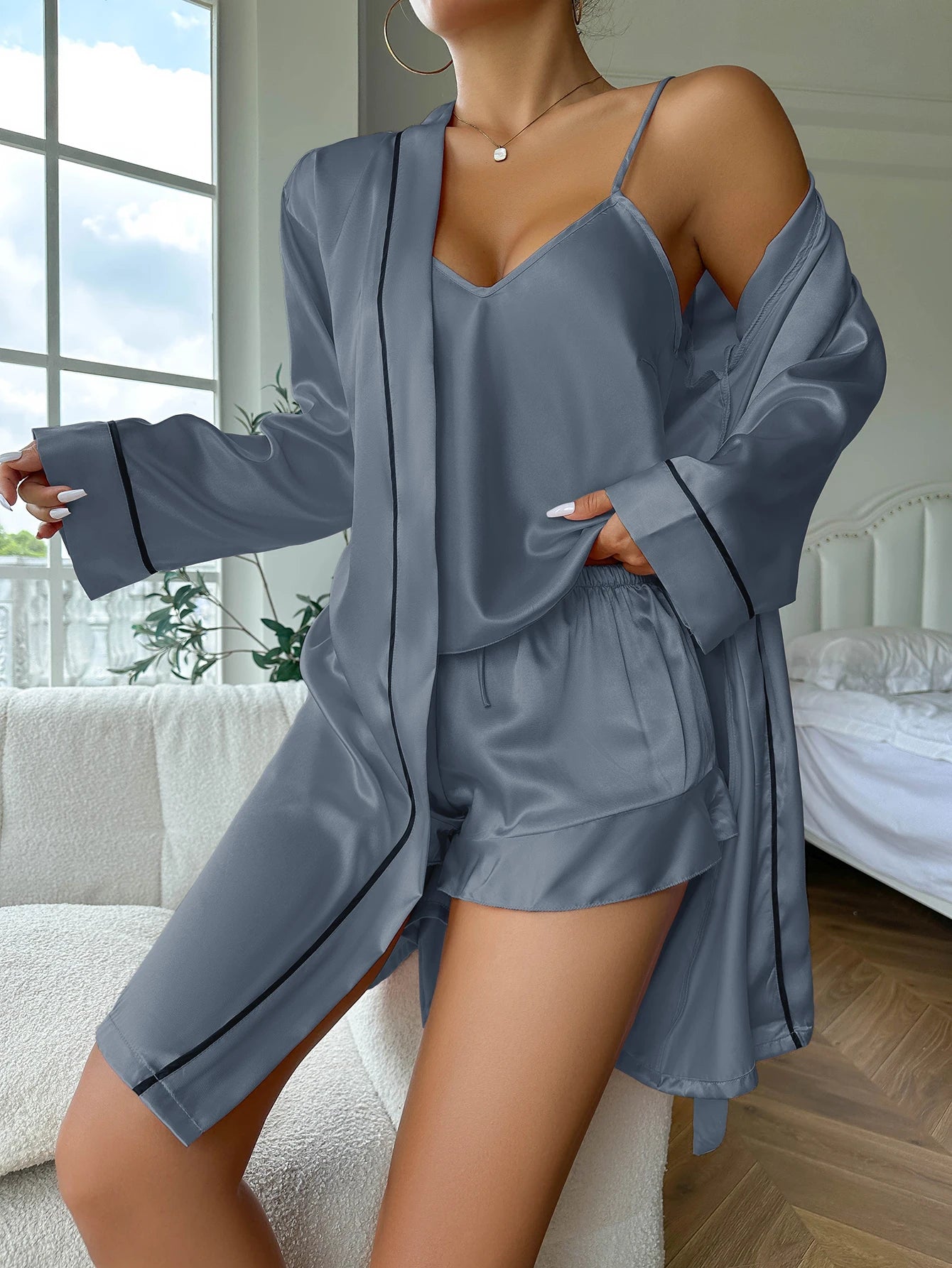 Zhejiang Satin Pajama Set Women V Neck Cami Top And Shorts