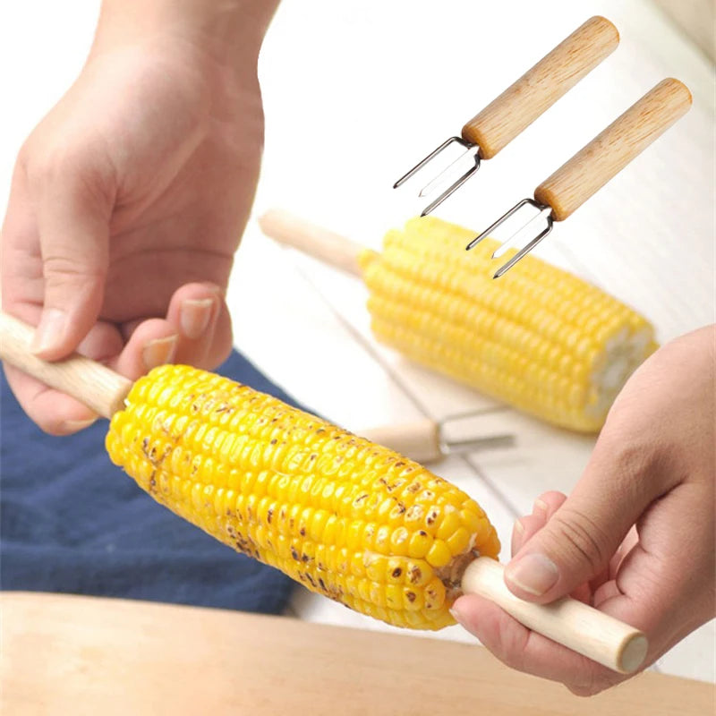Stainless Steel Corn Holders with Wooden Handle for BBQ Cooking