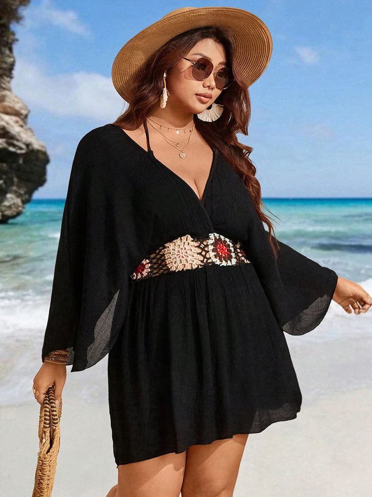 Bohemian Crochet Black Cover Up Mini Dress for Beachwear