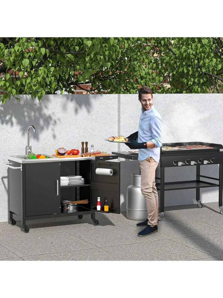 Outdoor Grill Table With Sink Metal Grill Cart Outdoor Kitchen Island With Stainless Steel Sink 57 Inch By 21.65 Inch