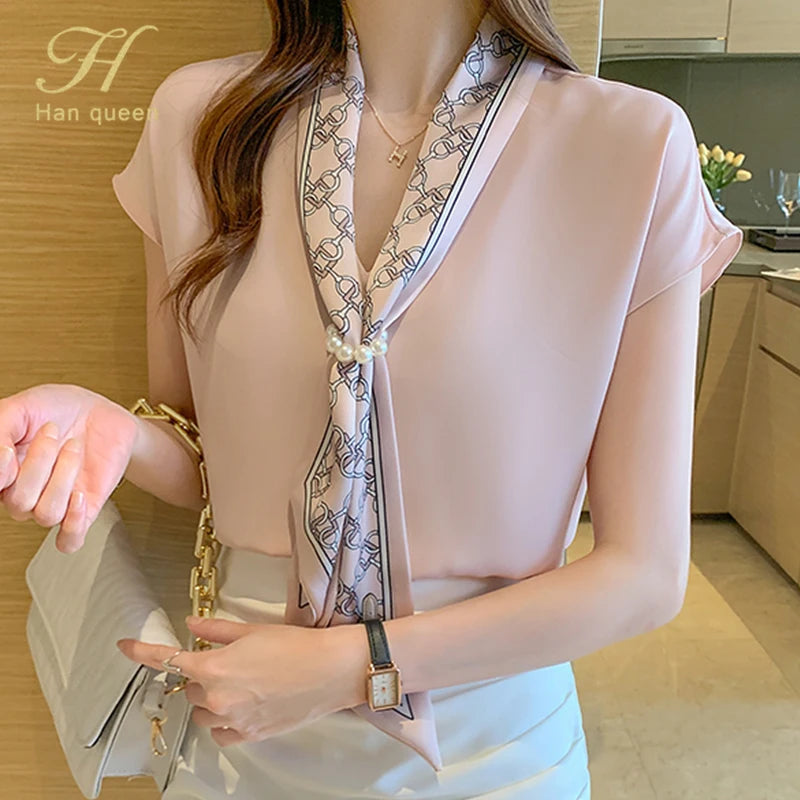 H Han Queen Chiffon V Neck Office Blouse Women